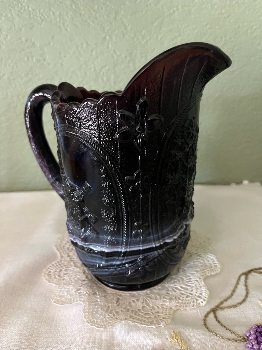 Vintage Imperial Glass Purple Slag Windmill Milk Pitcher 6.5”